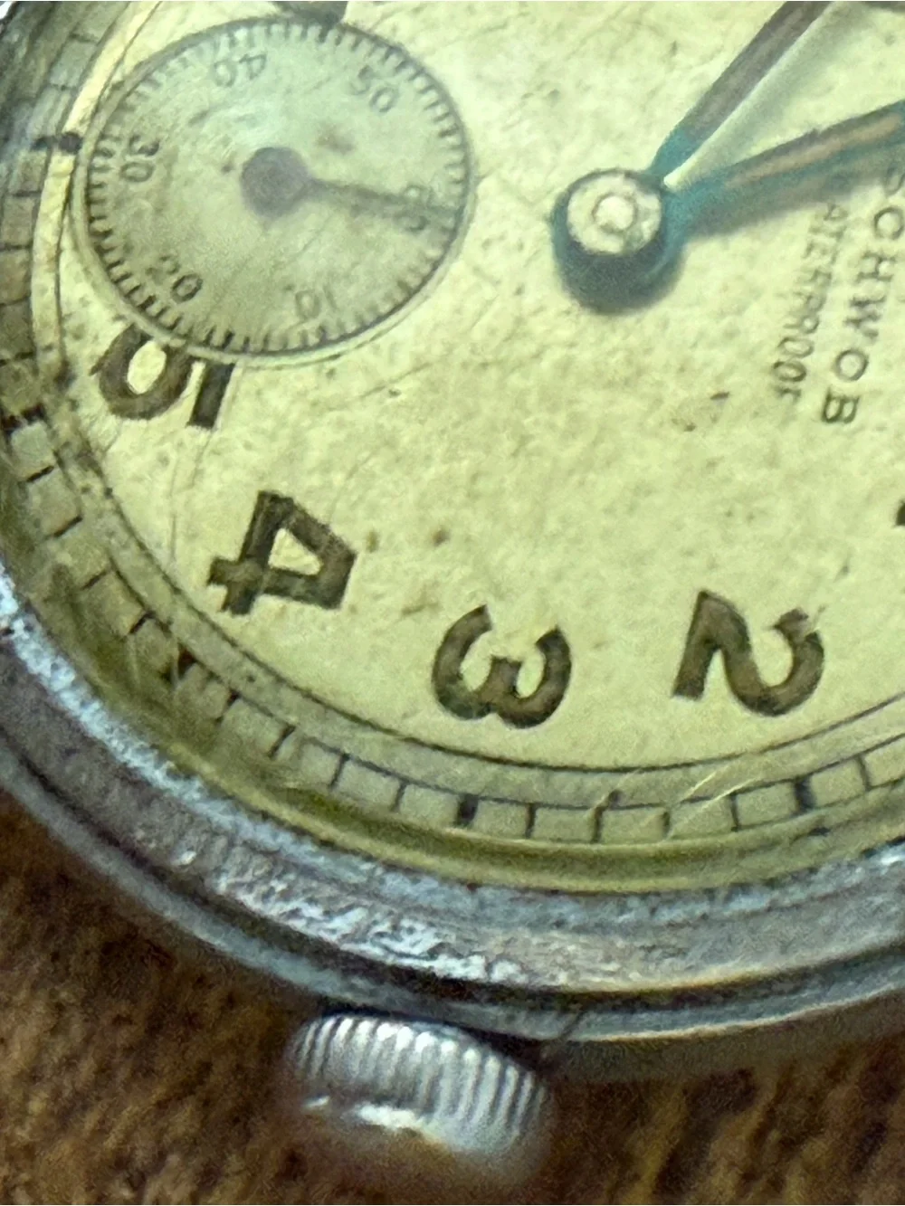 Schwob Vintage 1940s Hand Wind Watch Running Sub Seconds Military Style Mens